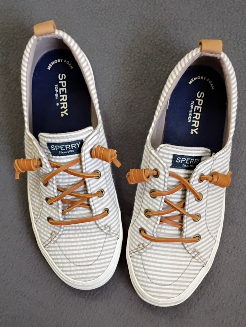Sperry Size 7.5 Striped Canvas Slip On Boat Shoes Rawhide Laces